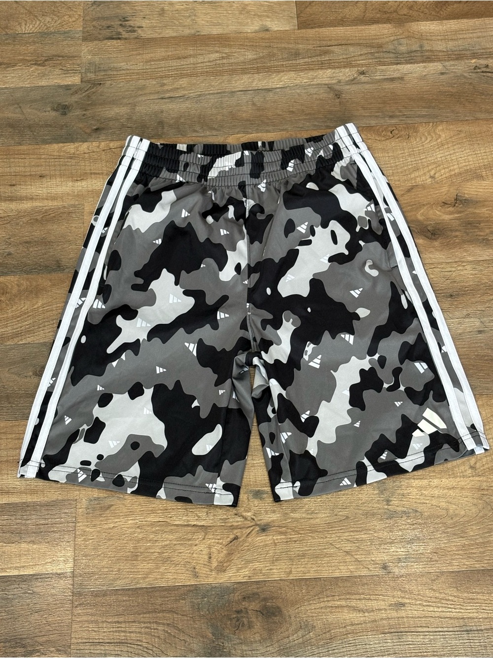 Boys Adidas Gray & Black Camo Athletic Shorts with White Stripes